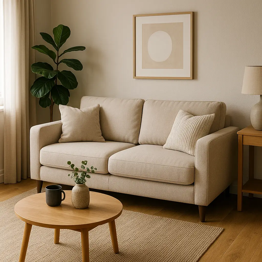 Sala pequena com sofá bege de dois lugares, mesinha de centro de madeira, planta ao lado e luminária sobre mesa lateral; exemplo de como escolher sofá para sala pequena.