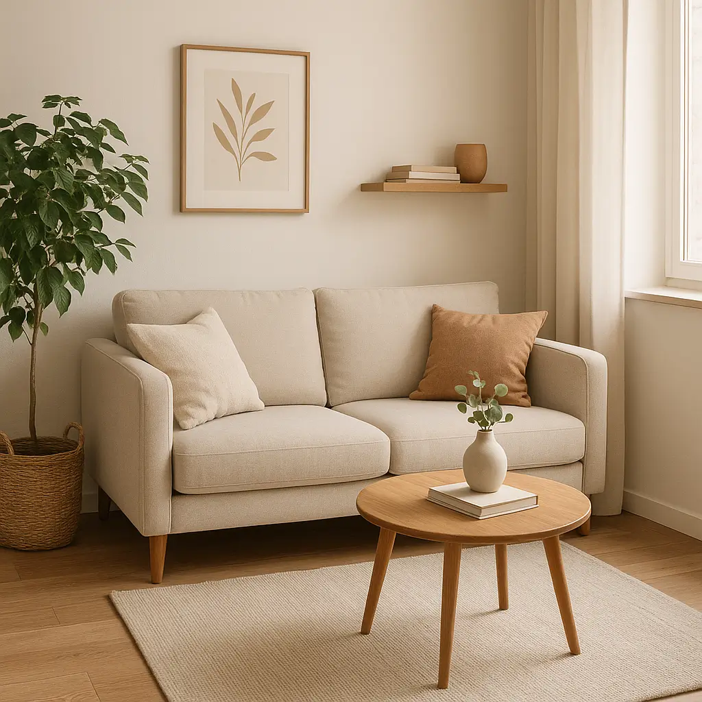 Sala pequena com sofá bege de dois lugares, mesa de centro de madeira, decoração minimalista, planta em vaso e dicas sobre como escolher sofá para sala pequena.