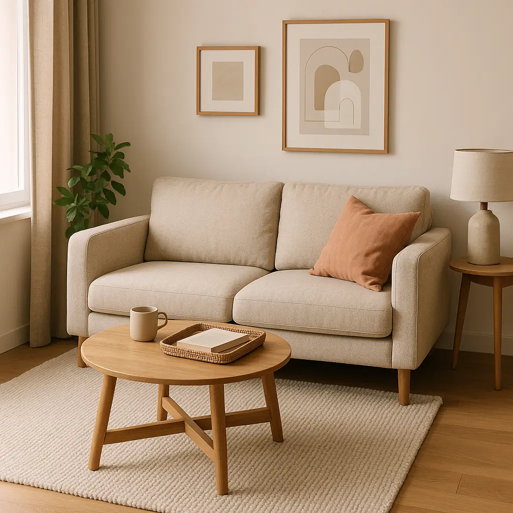 Sofá bege compacto em sala pequena com mesa de centro em madeira clara, planta e decoração minimalista.