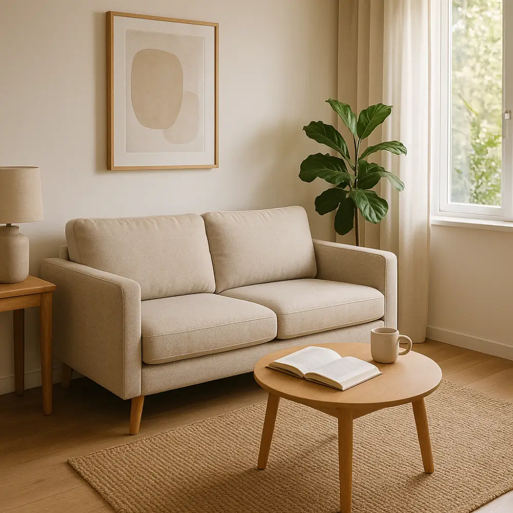 Sofá bege pequeno para sala compacta com mesa de madeira, planta, abajur e decoração minimalista; dica de como escolher sofá para sala pequena.