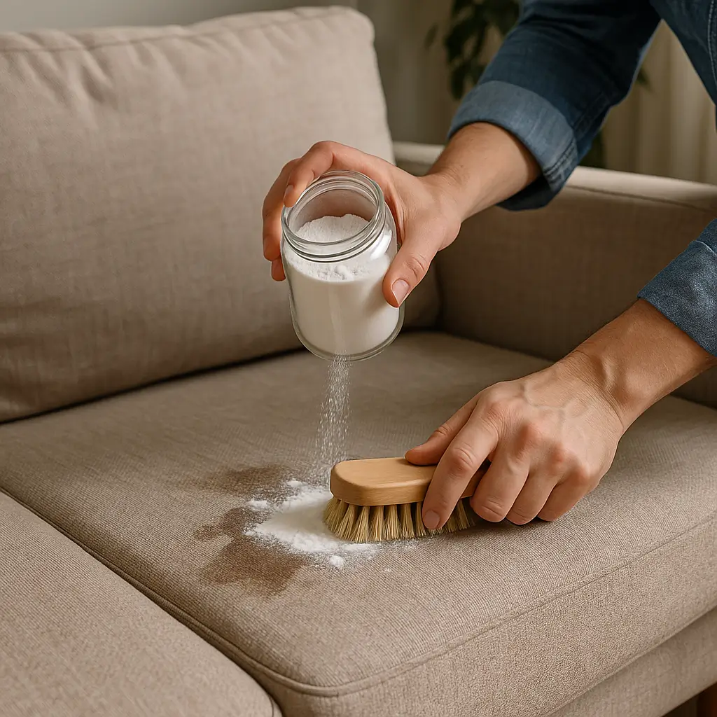 Aplicação de bicarbonato em um sofá com escova, mostrando como limpar sofá com bicarbonato.