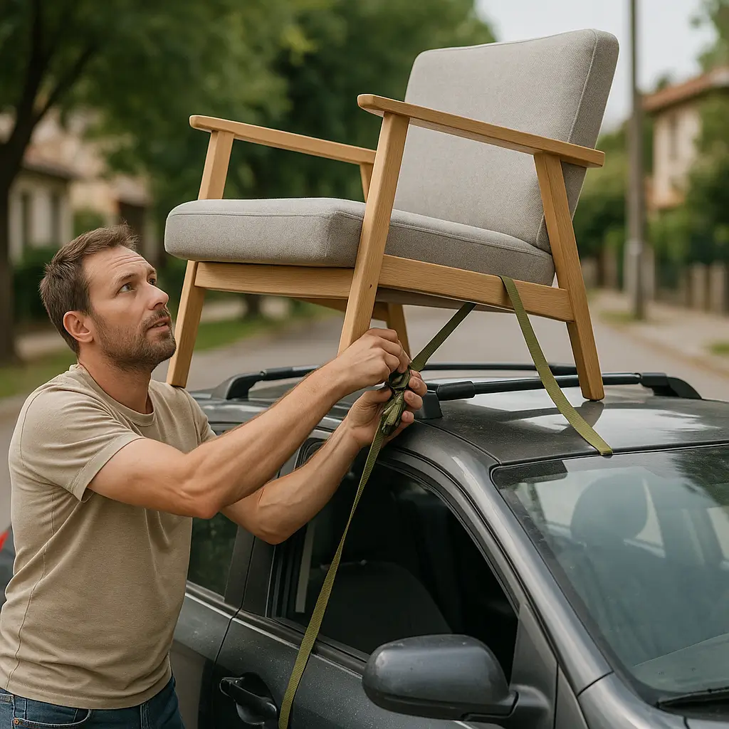 Transportar móveis sem caminhão amarrando cadeira ao teto do carro com correia.