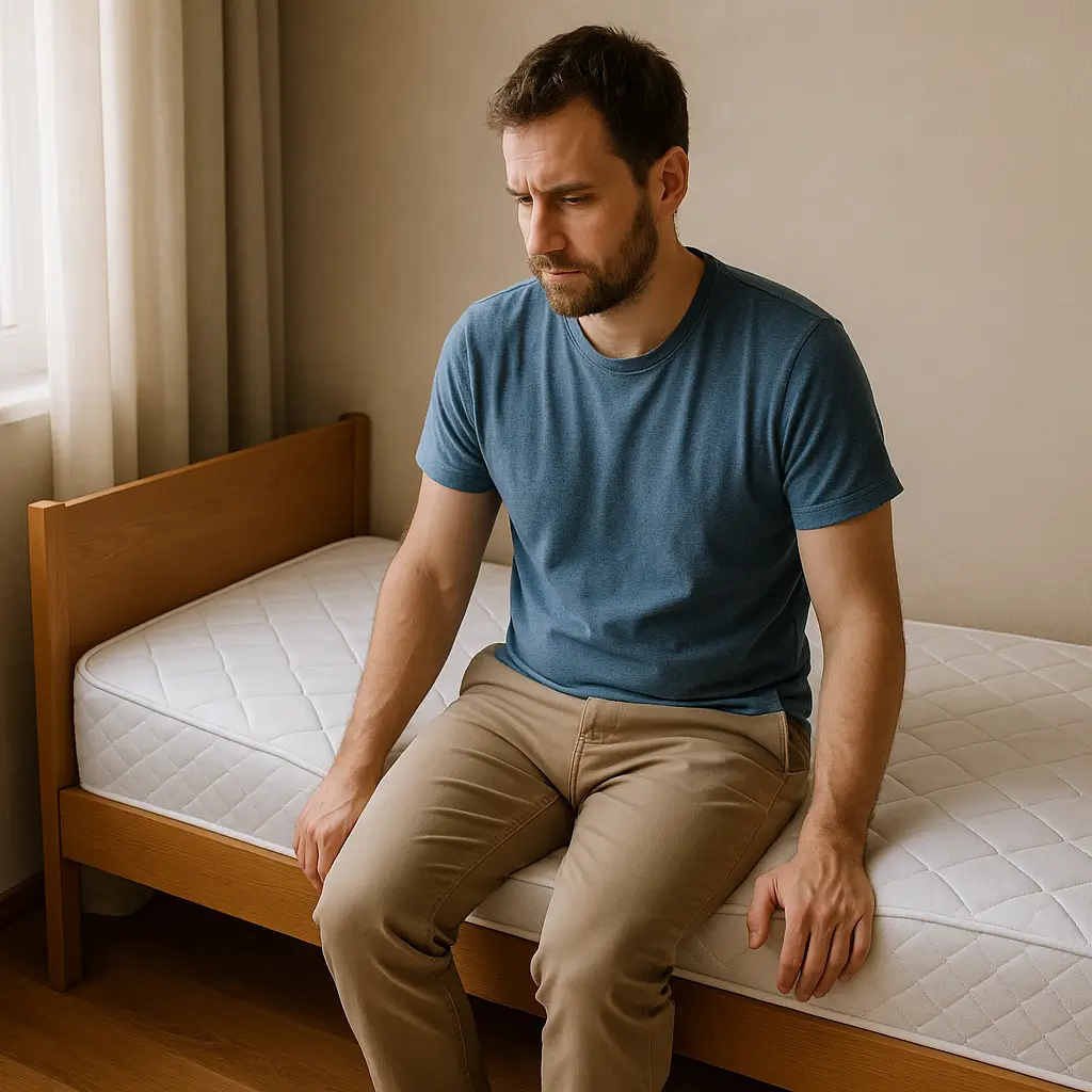 Homem sentado em colchão de solteiro, questionando se serve pra adulto; descubra agora!