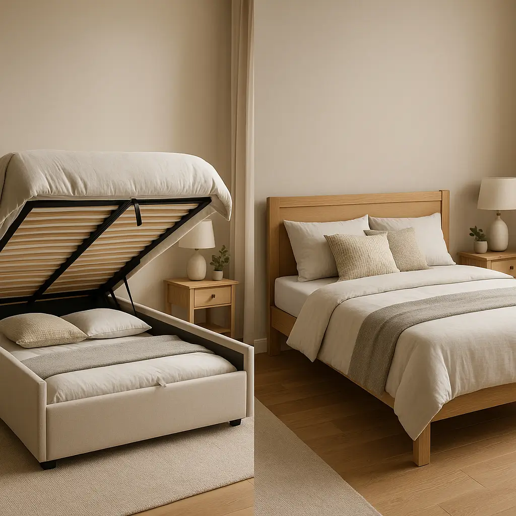 Cama baú com espaço de armazenamento aberto ao lado de uma cama tradicional, ambas em um quarto decorado em tons neutros.