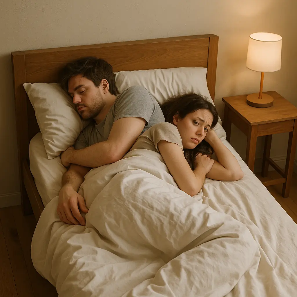 Casal em cama de solteiro aparenta desconforto; cama solteiro serve pra casal? Veja diferença de medidas e dicas.