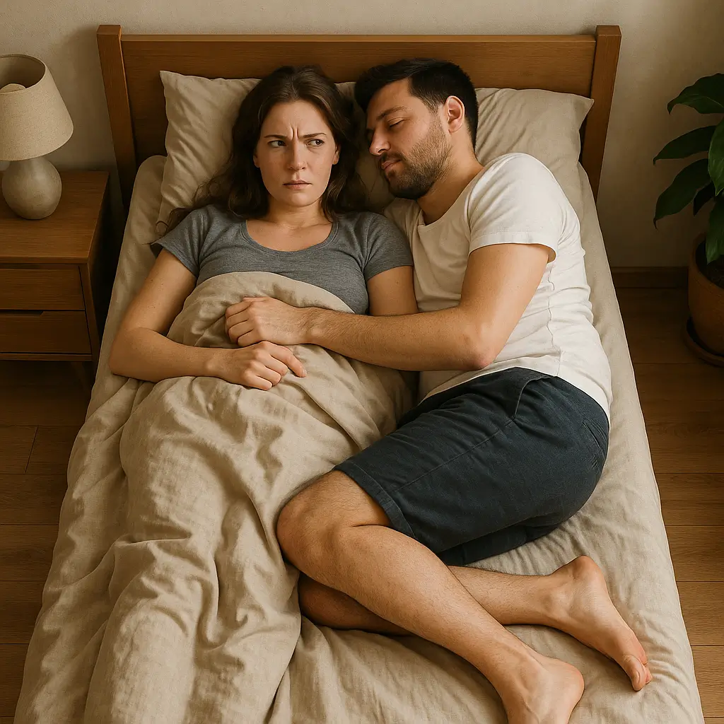 Casal em cama de solteiro aparentando desconforto; cama solteiro serve pra casal? Veja diferença de medidas e dicas.