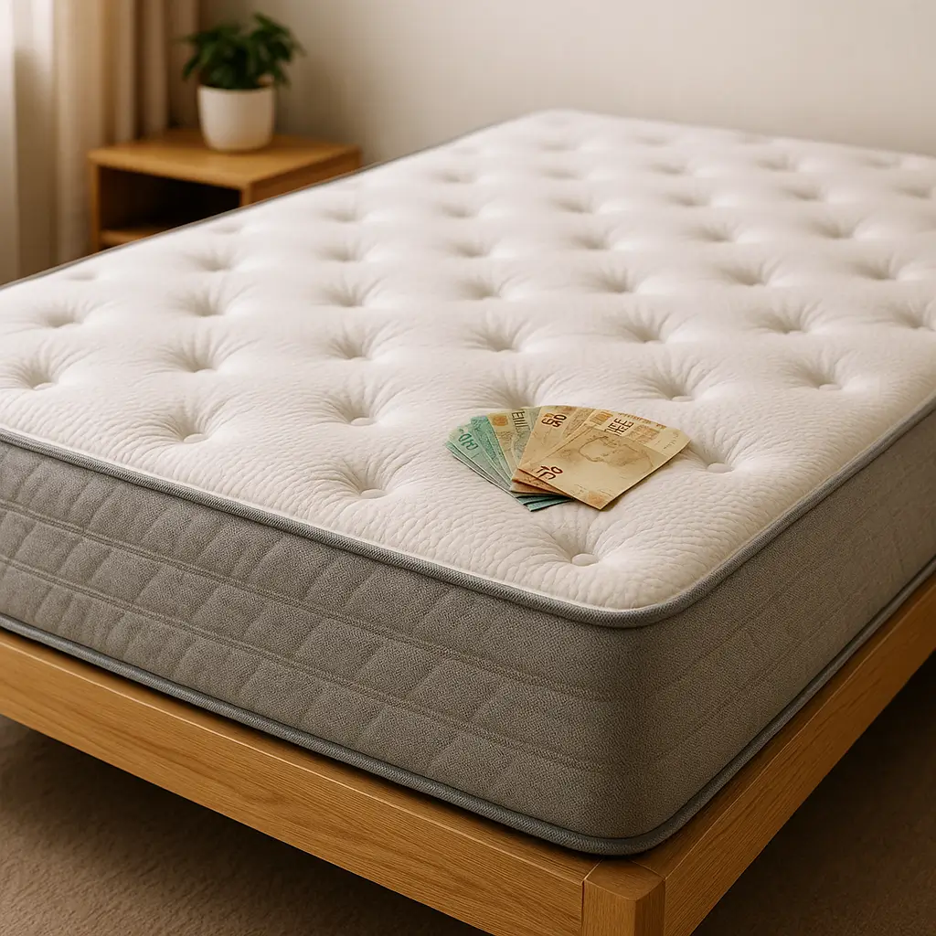 Colchão branco com notas de dinheiro sobre ele, destacando a melhor marca de colchão barata.