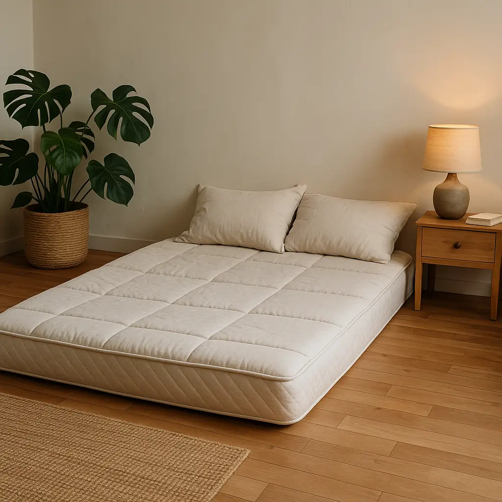 Colchão direto no chão com almofadas, planta em vaso, mesa de cabeceira com abajur e piso de madeira.