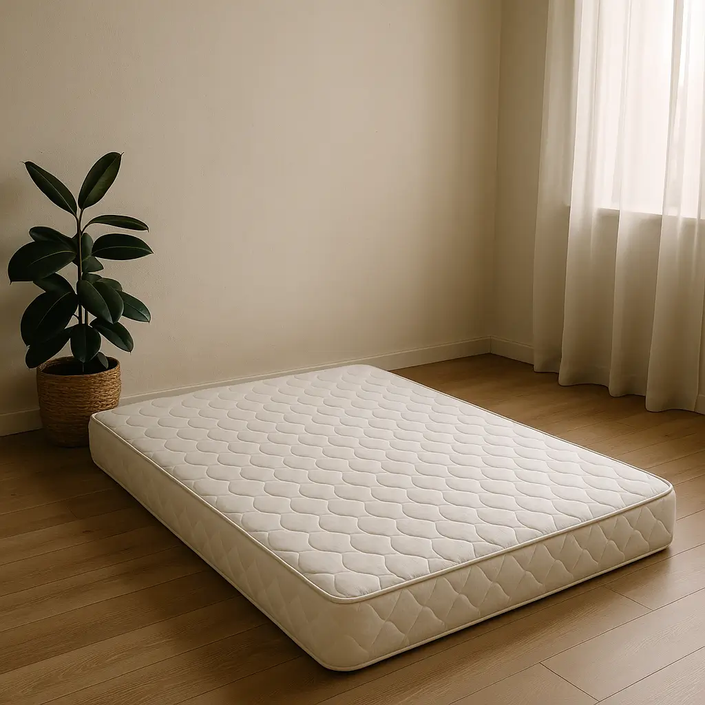 Colchão direto no chão em um quarto minimalista com planta e cortina ao fundo.
