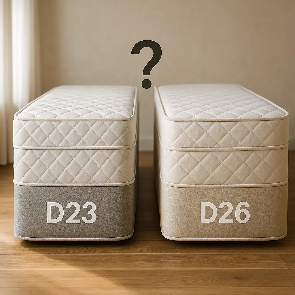 Colchões D23 e D26 lado a lado com ponto de interrogação acima, diferença entre colchão D23 e D26: veja qual dura mais e por quê.