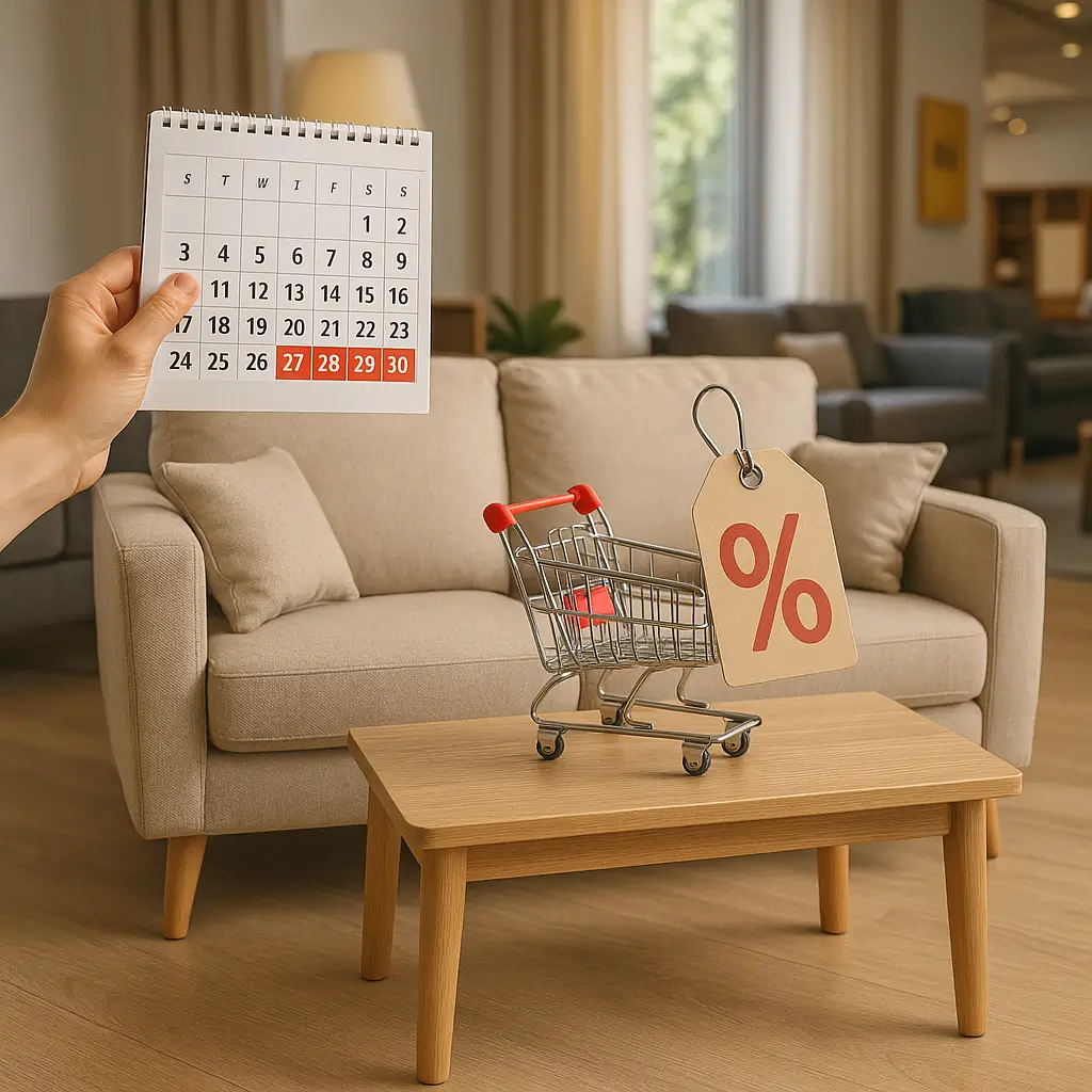 Comprar móveis baratos: calendário com descontos sobre mesa e sofá.
