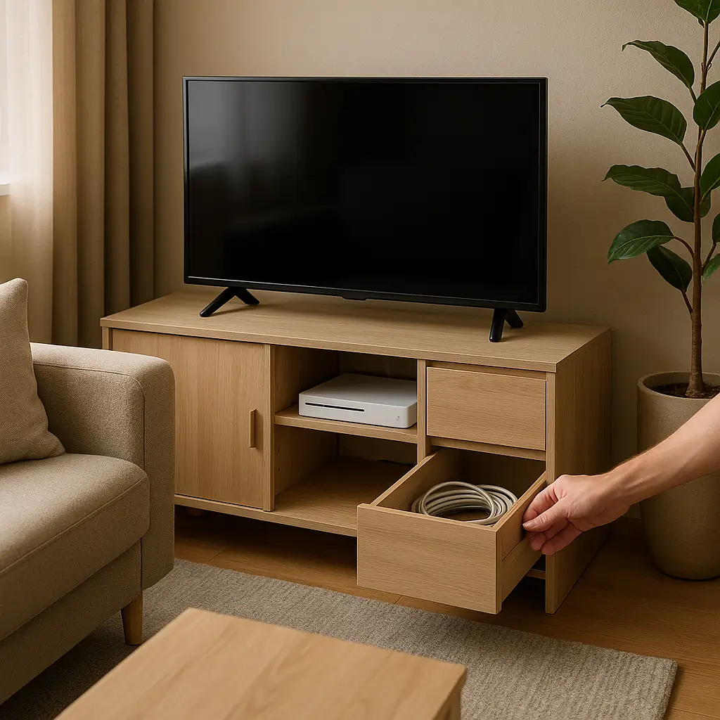 Esconder fios na sala: dicas baratas sem precisar de reforma, cabos guardados em gaveta de móvel de TV.