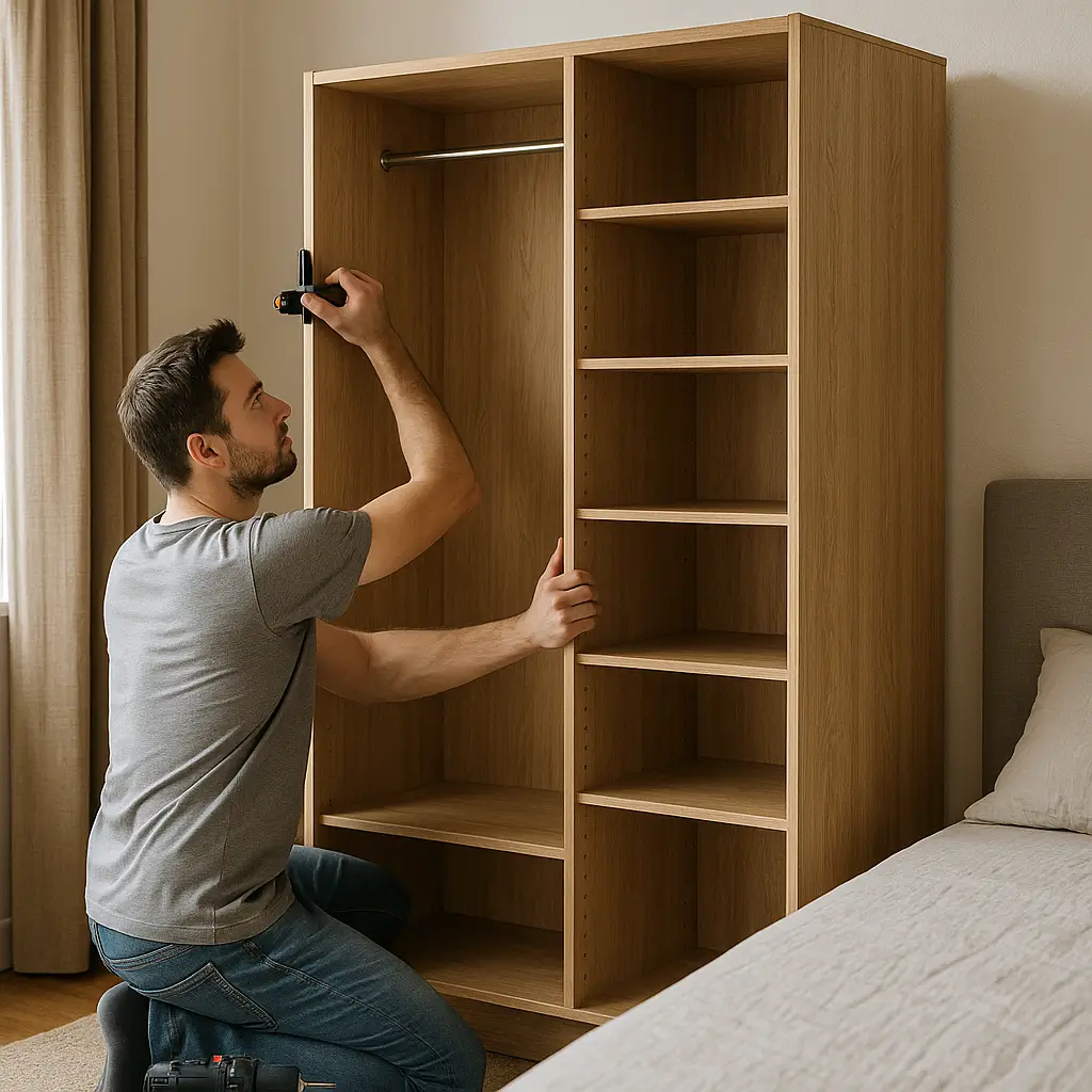 Homem ajoelhado montando armário sem furar parede no quarto, usando ferramenta de montagem.