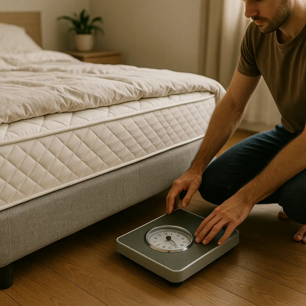 Homem ajustando balança no chão ao lado de cama box, questionando quantos quilos suporta uma cama box.