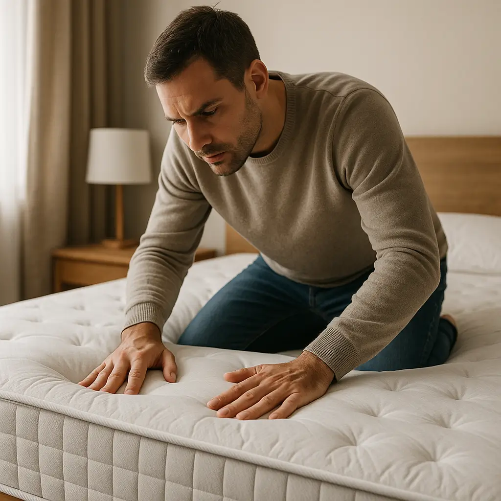 Homem pressionando o colchão com as mãos, examinando a firmeza, relacionado a como evitar que colchão afunde rápido.
