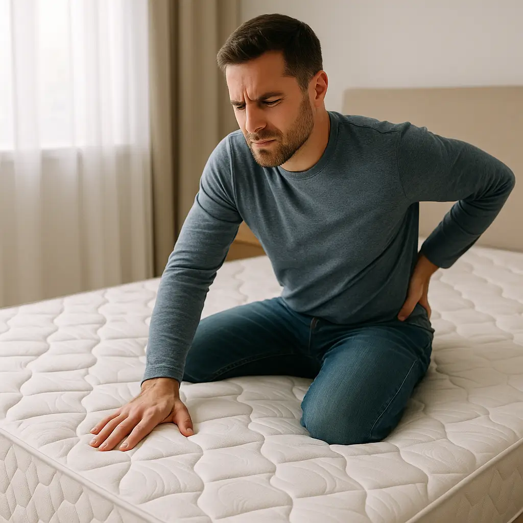 Homem sentado em colchão, aparentando dor nas costas.