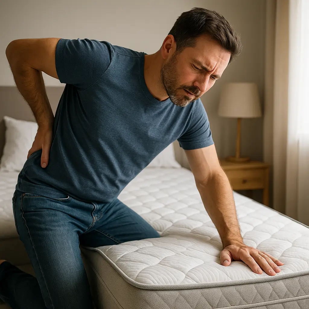 Homem com dor nas costas apertando colchão, escolhendo colchão para dor nas costas: qual escolher para dormir melhor.