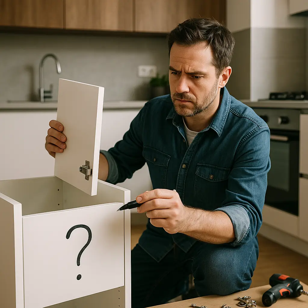 Homem confuso montando armário de cozinha, guia fácil pra não errar na montagem.