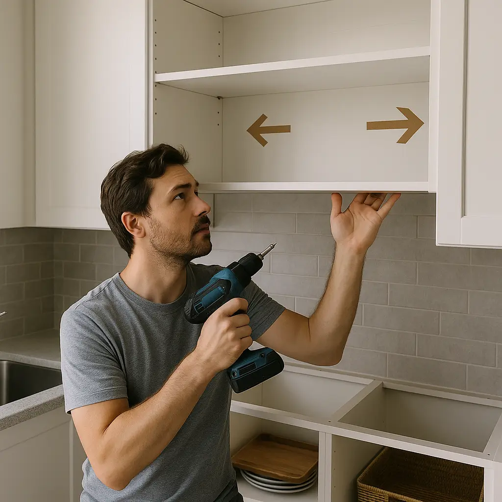 Homem com furadeira montando armário de cozinha; guia fácil pra não errar na montagem.