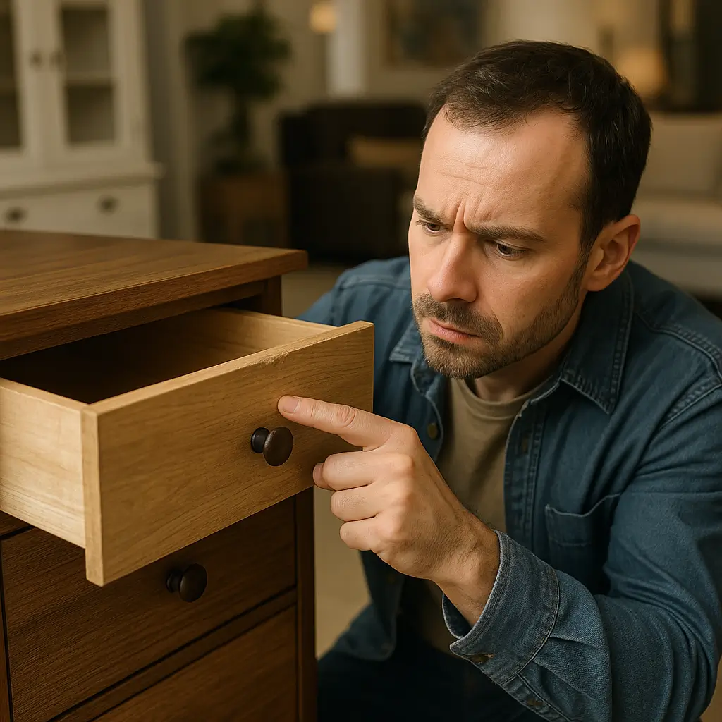 Homem inspecionando gaveta; móvel de segunda linha: como identificar e não comprar errado.