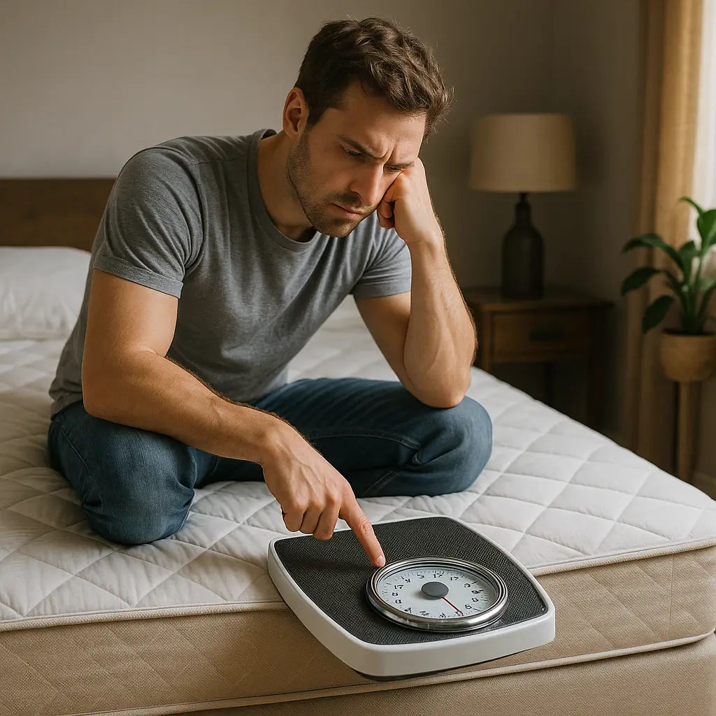 Homem pensativo sentado em cama box com balança de peso, refletindo sobre quantos quilos suporta uma cama box.