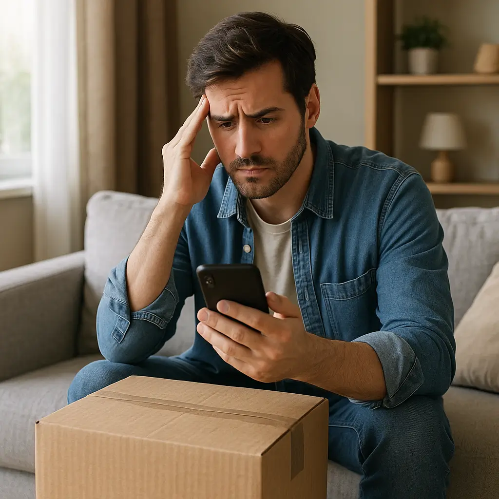 Homem preocupado com móvel comprado online demora pra chegar, saiba o que fazer.