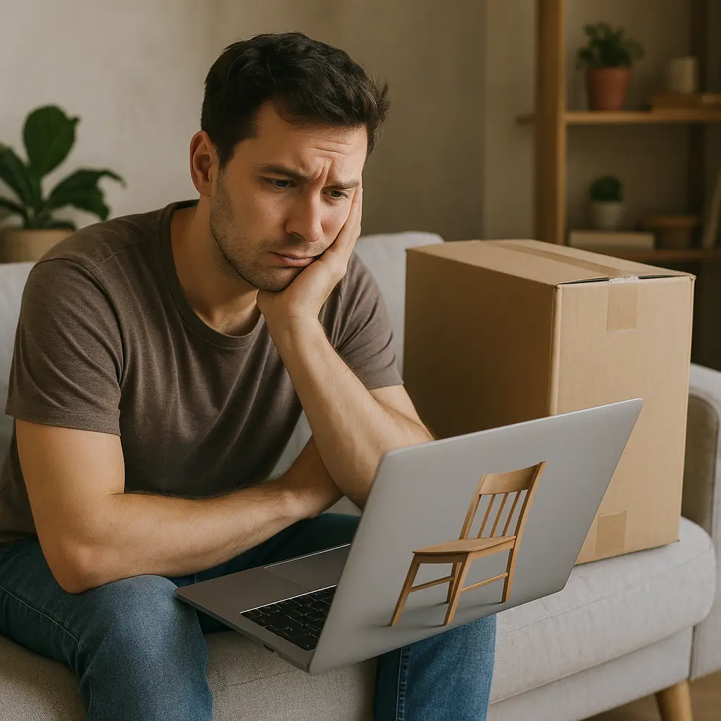 Homem preocupado com móvel comprado online demora pra chegar saiba o que fazer, ao lado de laptop e caixa.