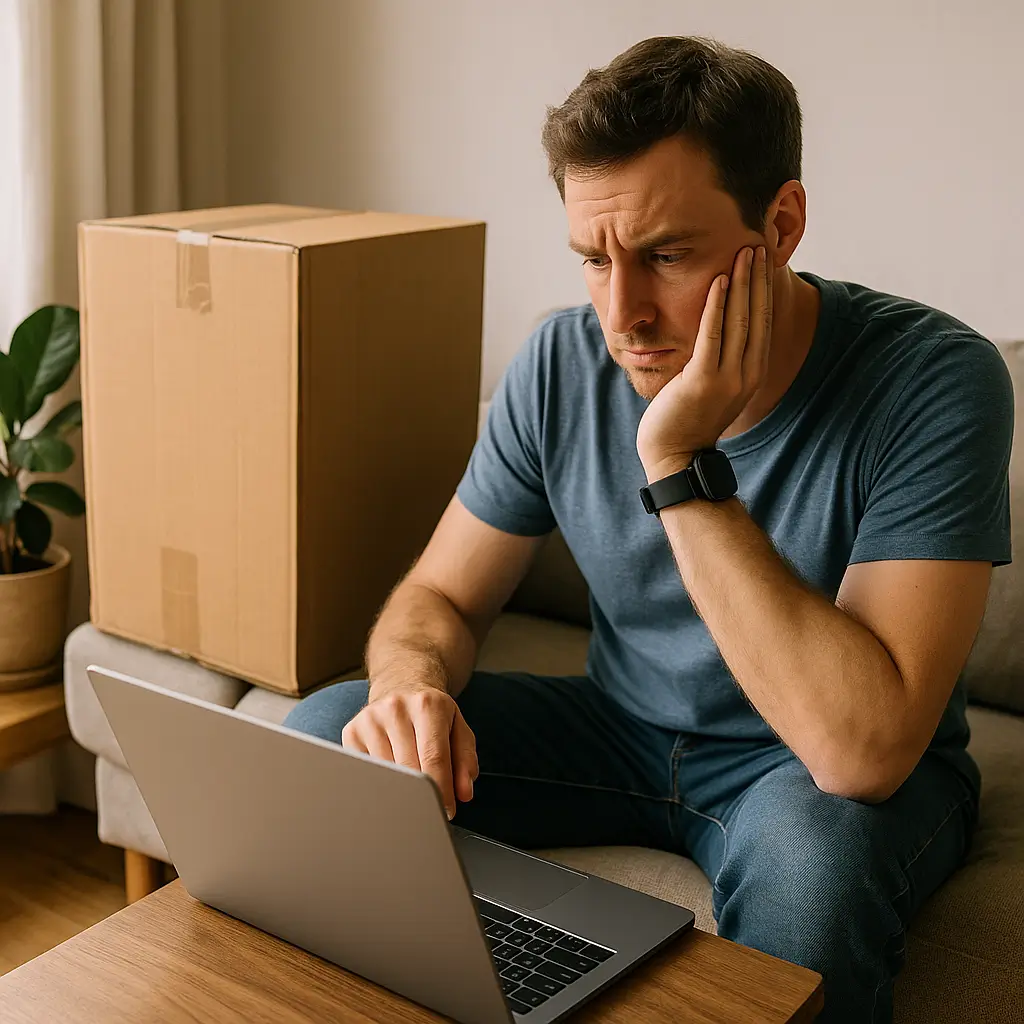 Homem preocupado no sofá com laptop e caixa ao lado. Móvel comprado online demora pra chegar? Saiba o que fazer.
