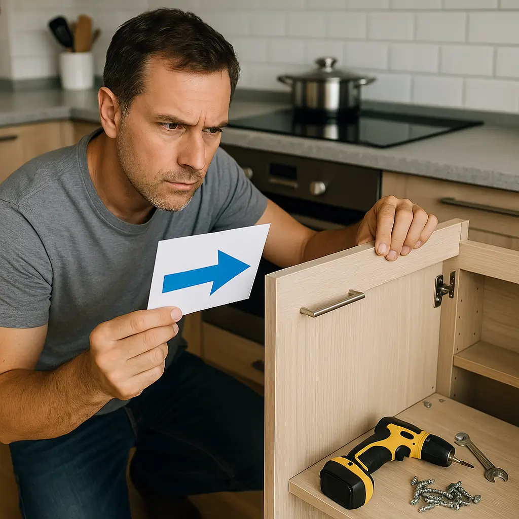 Homem segurando seta azul, observando instruções para montar armário de cozinha: guia fácil pra não errar na montagem.