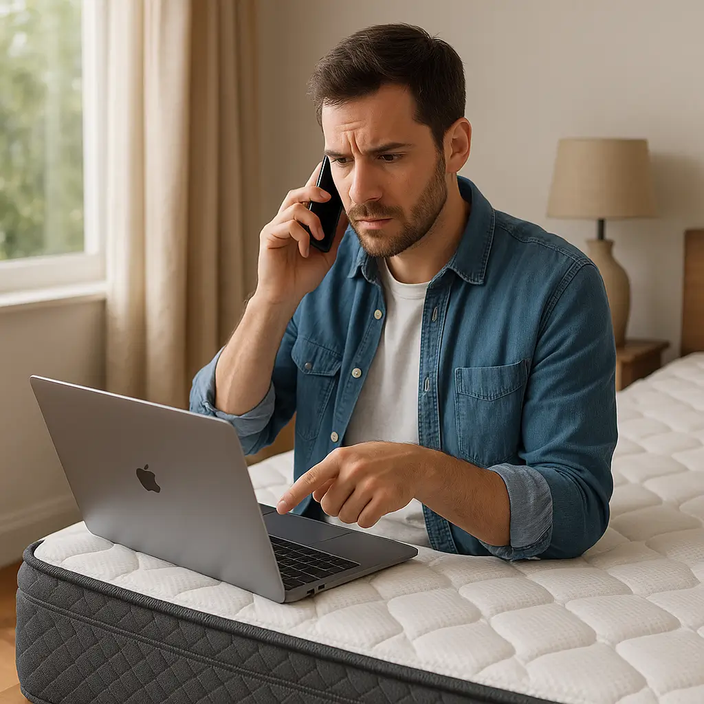 Homem sentado em colchão usando laptop e telefone, simbolizando pesquisa em uma loja online confiável.