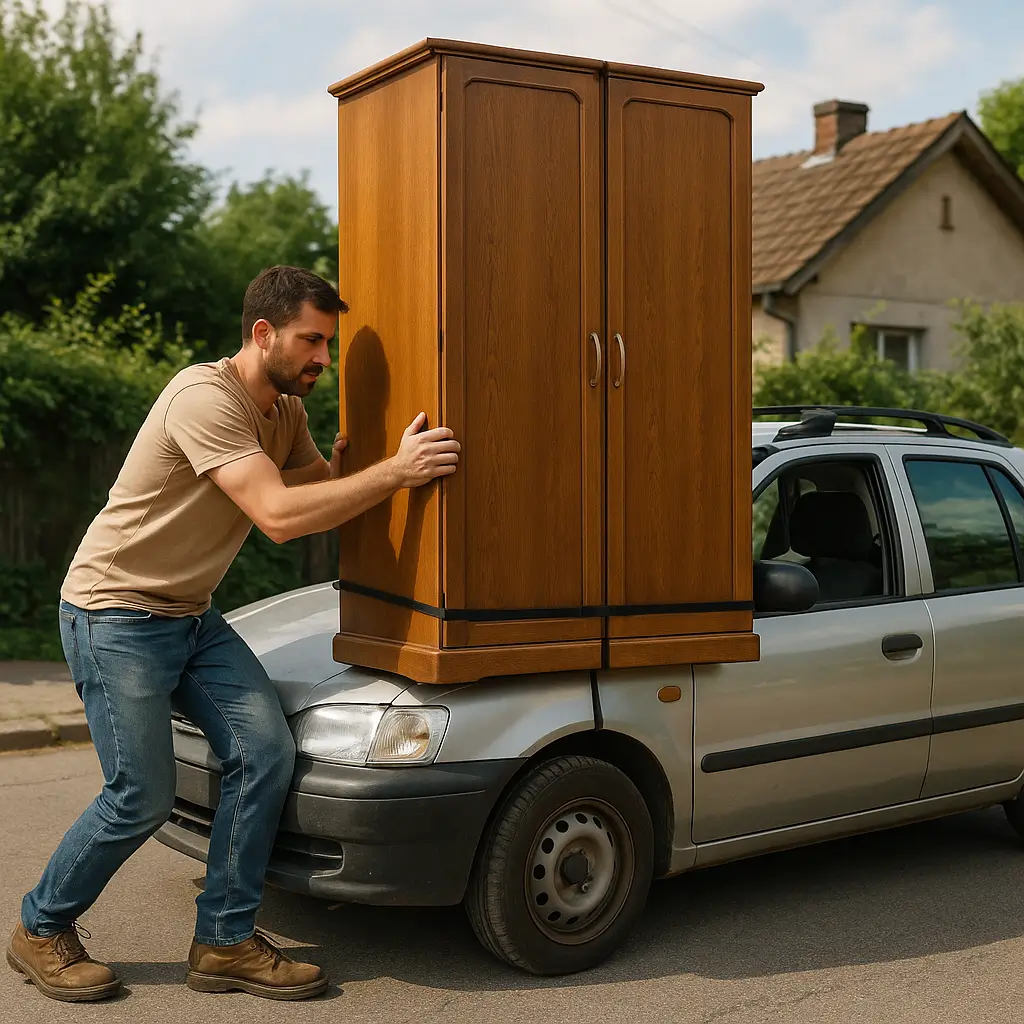 Homem transportando guarda-roupa grande sem desmontar em cima de um carro pequeno.