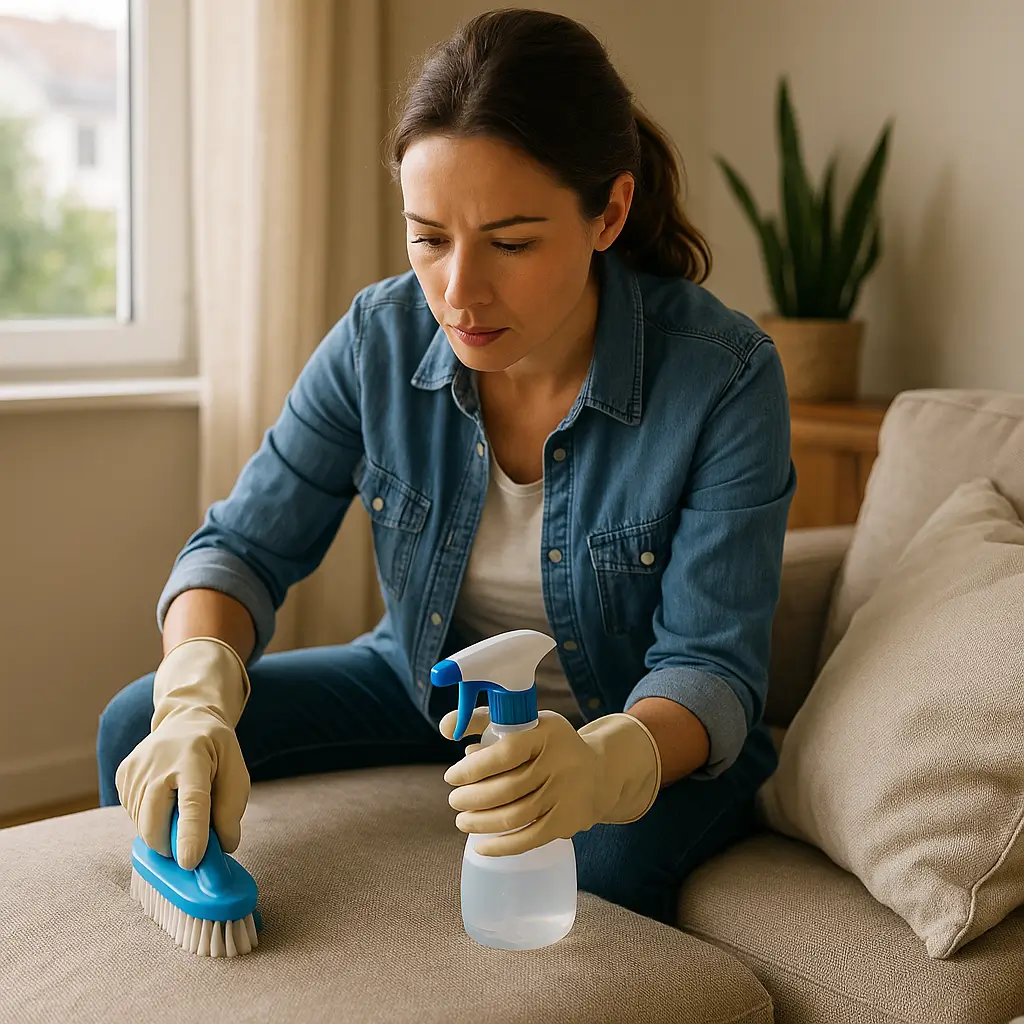 Limpar sofá rápido: guia prático para o dia a dia, mulher usando escova e spray.