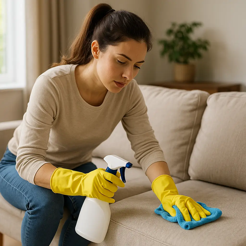 Limpar sofá rápido: mulher usando borrifador e pano, guia prático para o dia a dia.