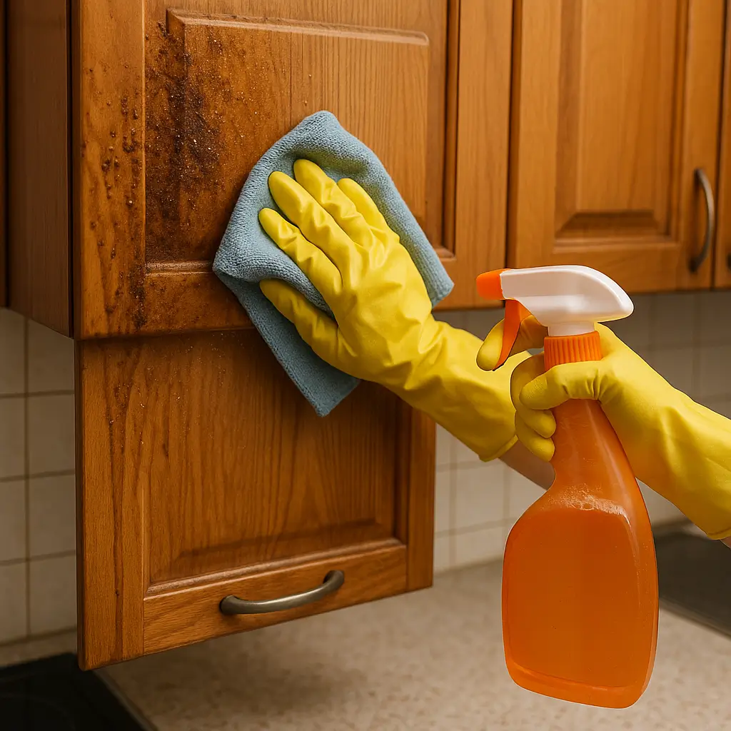 Limpando armário de cozinha engordurado com pano azul e spray laranja.