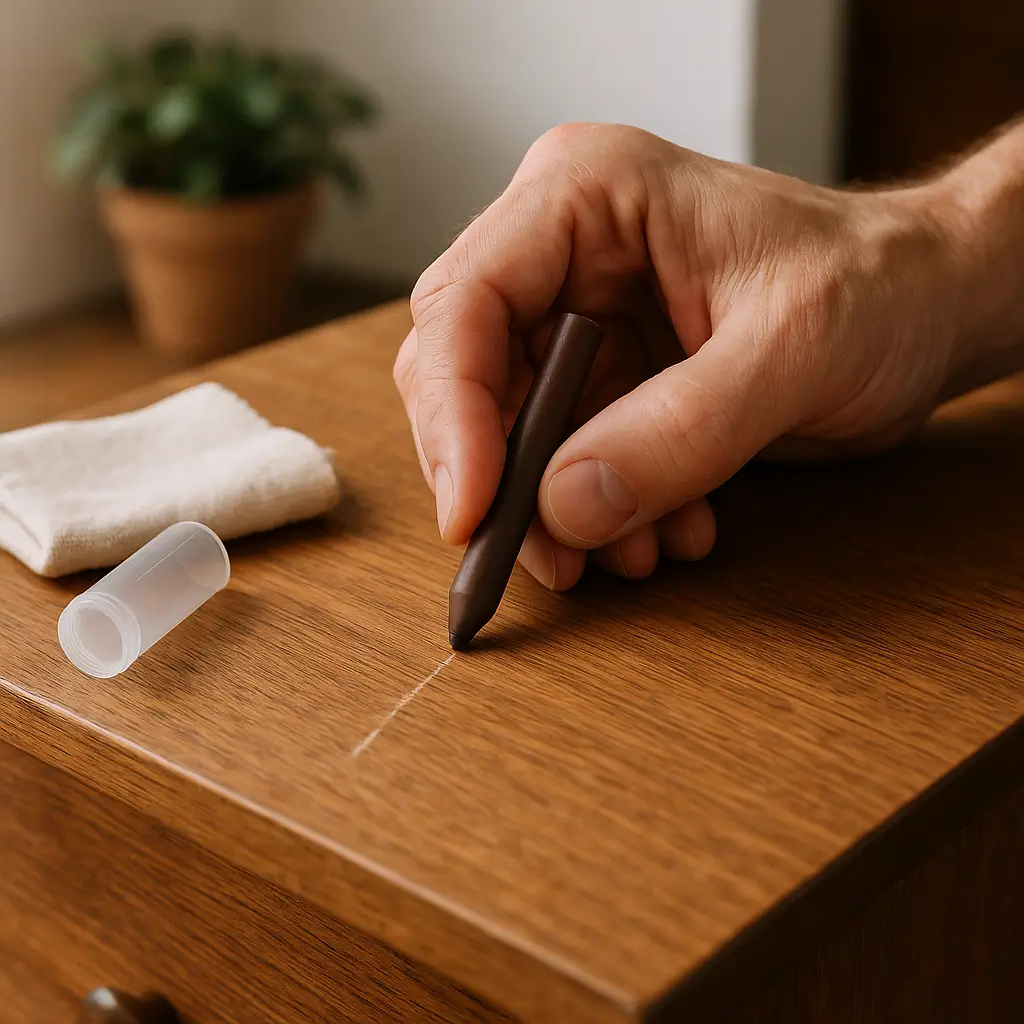 Mão usando ferramenta para tirar arranhão de móvel de madeira.