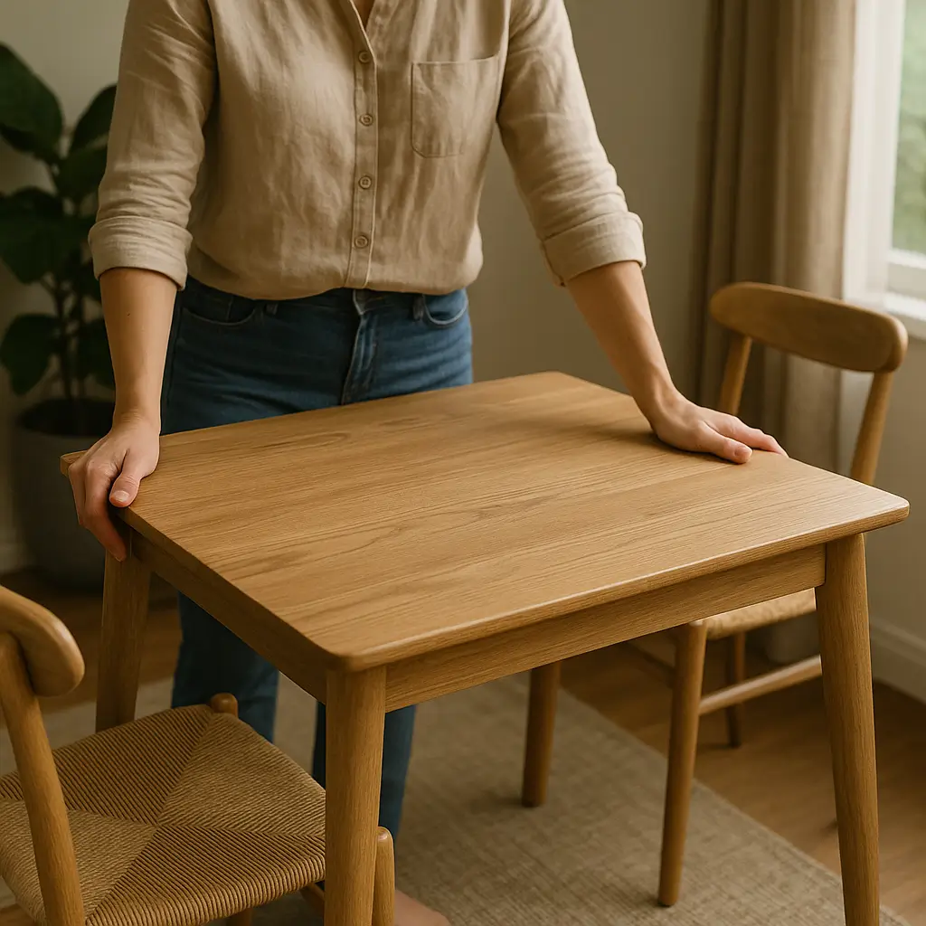 Mesa de jantar barata que não balança: como escolher sem errar, pessoa ajustando mesa de madeira em sala iluminada.