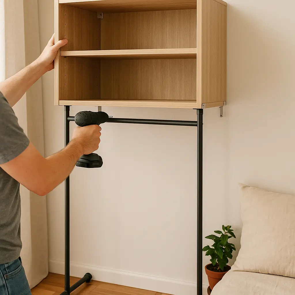Montar armário sem furar parede usando suporte de chão e furadeira para ajustar a estrutura.