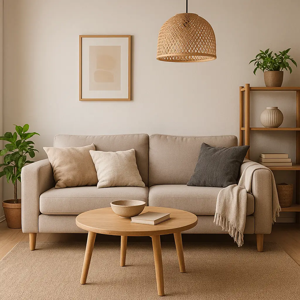 Montar sala simples com móveis baratos: dicas rápidas e práticas; sofá bege, mesa de madeira, plantas, estante.