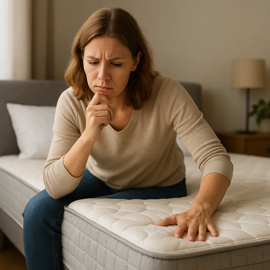 Mulher avaliando o colchão, pensativa; tema: trocar de colchão, como saber a hora certa e evitar problemas.
