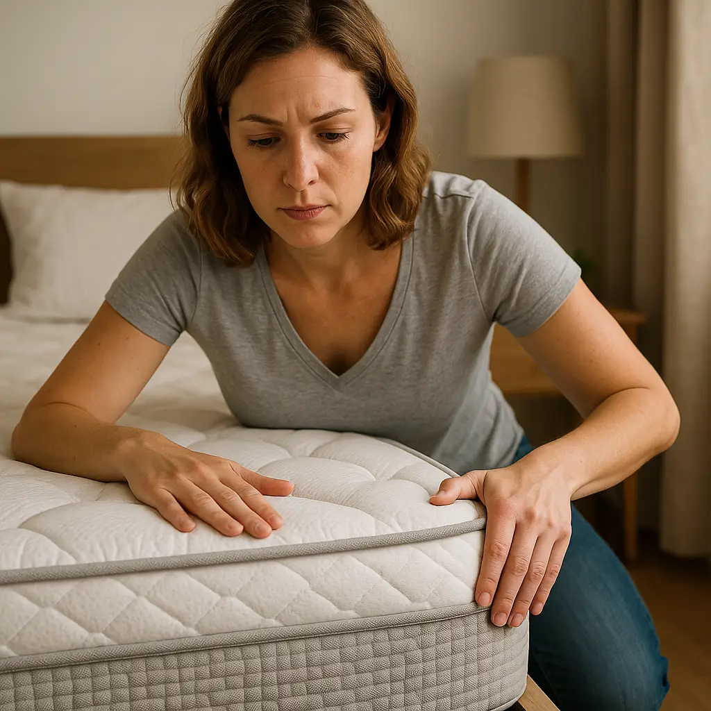 Pessoa inspecionando colchão, avaliar troca, evitar problemas.