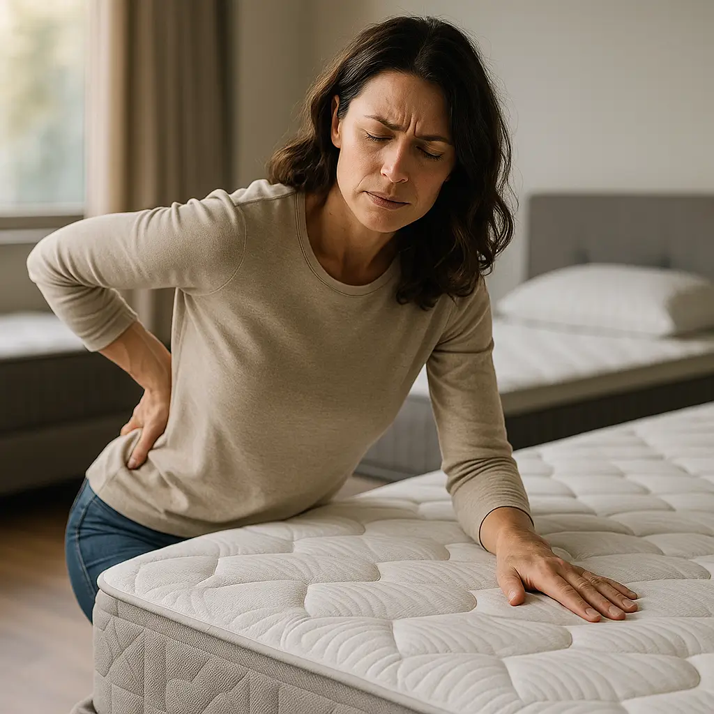 Mulher com dor nas costas avaliando colchão para dor nas costas: qual escolher para dormir melhor.