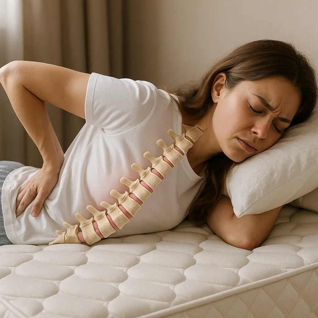 Mulher deitada com dor nas costas, colchão ortopédico faz mal para coluna, modelo de coluna sobre o corpo.