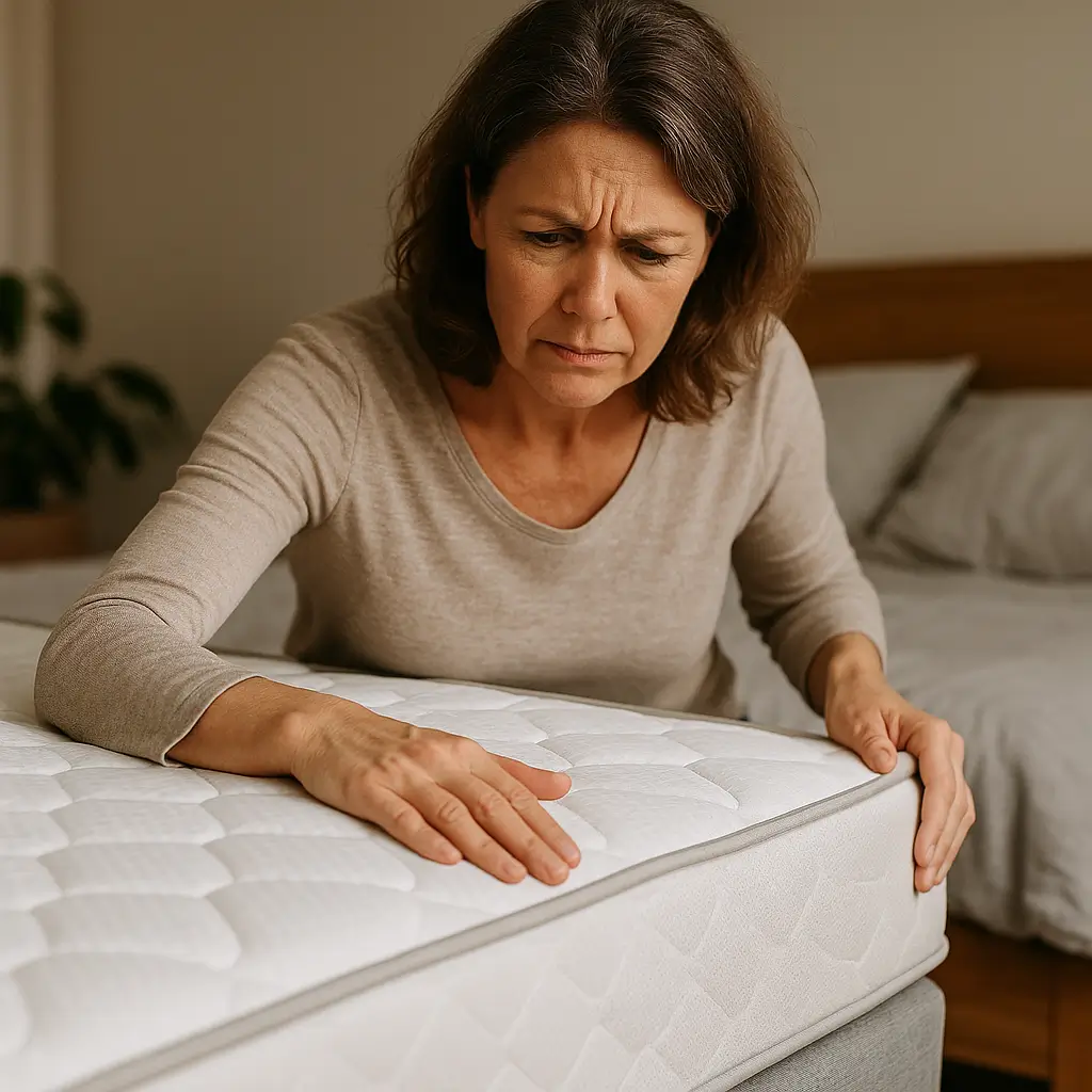 Mulher examinando colchão em busca de sinais para trocar de colchão: como saber a hora certa e evitar problemas.