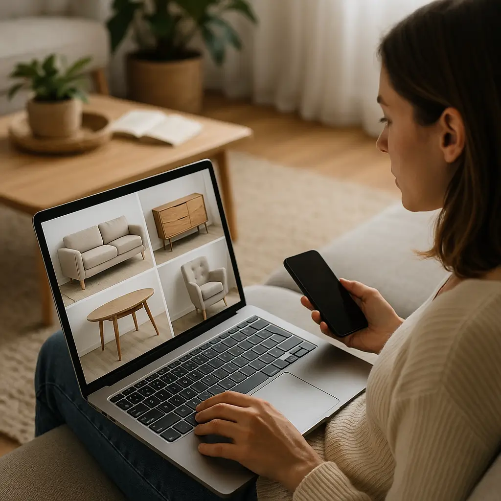 Mulher pesquisando móveis online no laptop, escolher loja de móveis: dicas simples para não errar na compra.