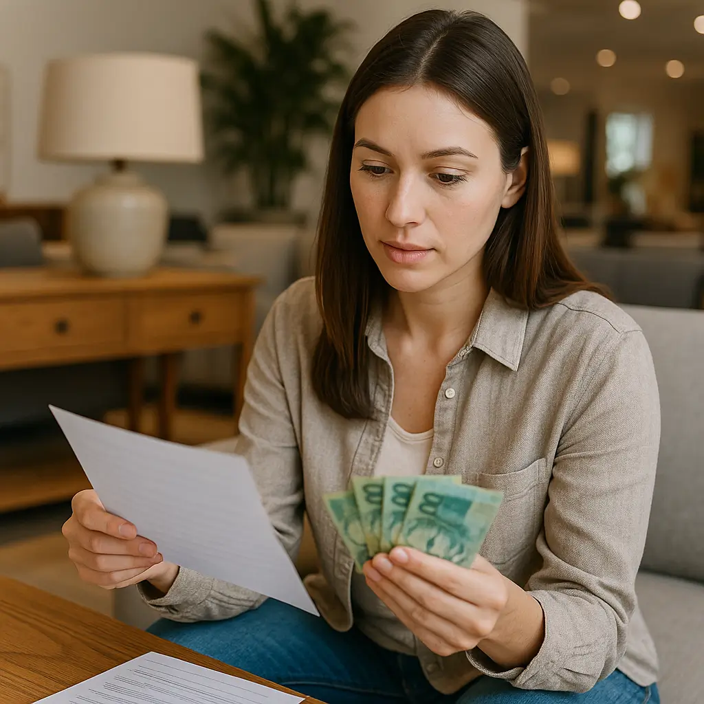 Mulher segurando dinheiro e papel, comprar móvel parcelando sem cartão de crédito: veja como funciona.