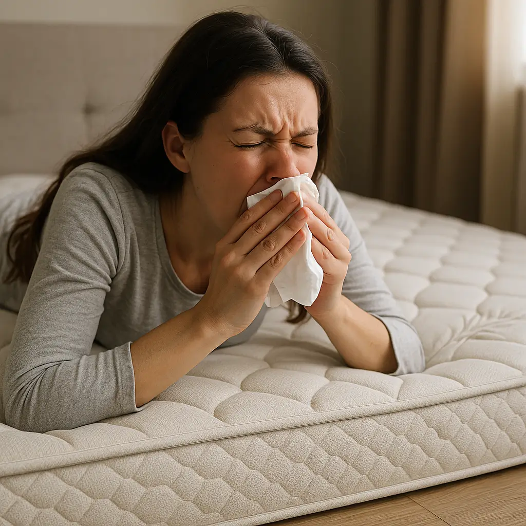 Mulher deitada em um colchão espirrando, colchão causar alergia? Descubra como identificar e evitar.