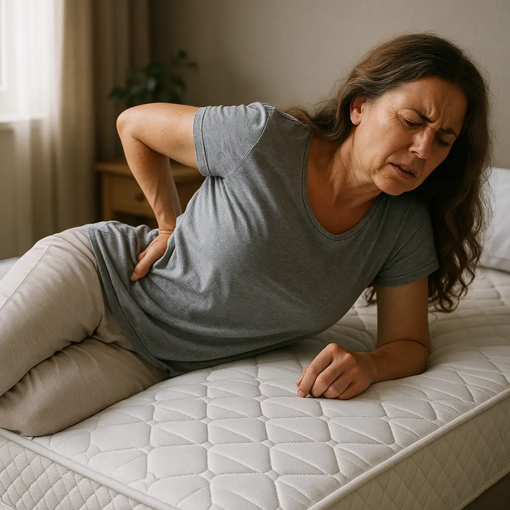 Mulher sentada em colchão, expressando dor nas costas, sugerindo que colchão ortopédico faz mal para coluna.