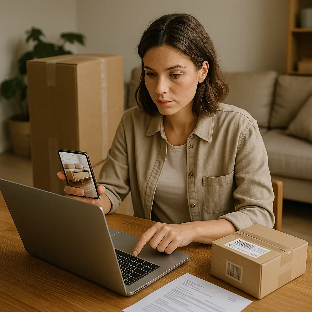 Mulher usando laptop e celular para pesquisar como pagar menos frete comprando móveis online, com caixas ao redor.