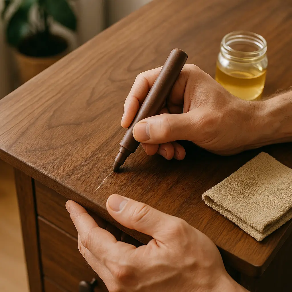 Pessoa usando um marcador para tirar arranhão de móvel de madeira.