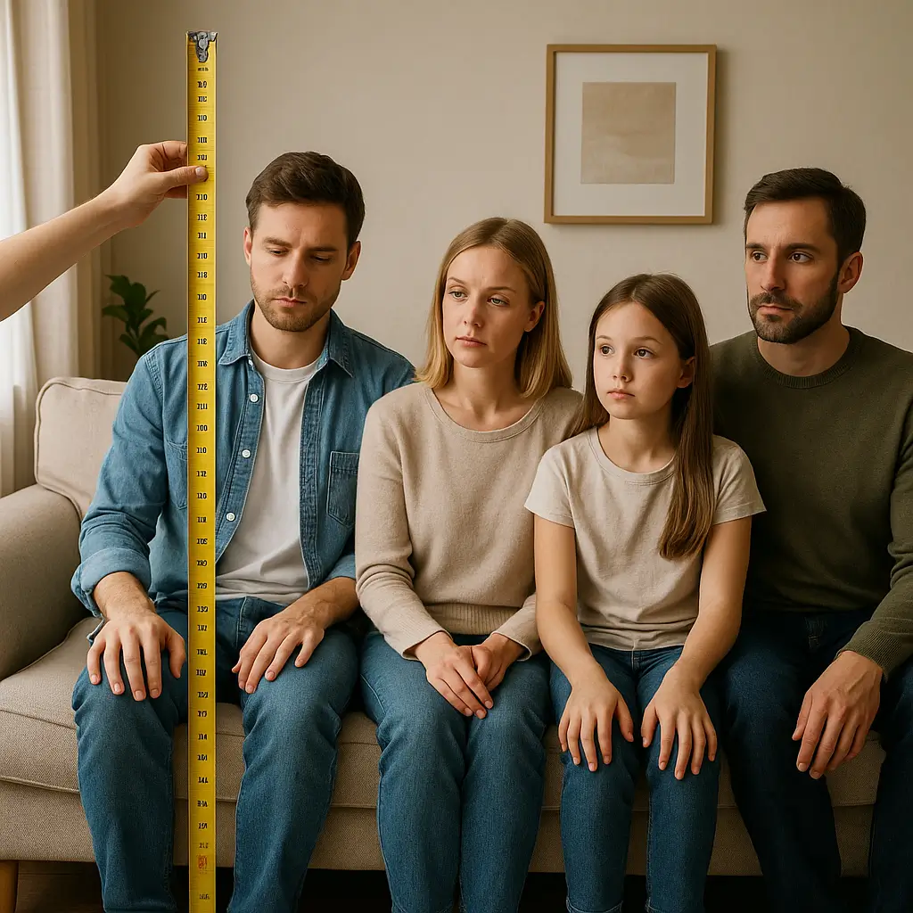 Quatro pessoas sentadas em um sofá, com uma fita métrica sendo segurada ao lado. Quantas pessoas cabem em um sofá.